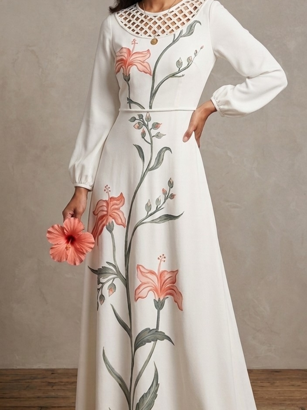 😍Gavano Qualitaly Ivory Maxi Dress with Floral Size 34